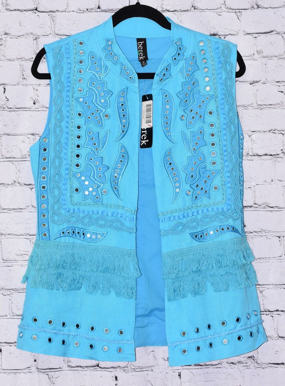 BEREK Mix-Media Wearable Art Embellished Couture Linen Vest Blue Medium NWT